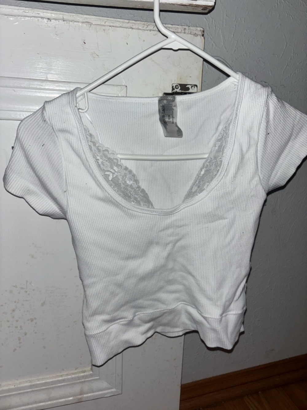 George White Ribbed Scoop Lace-Trim Short Sleeve Top
